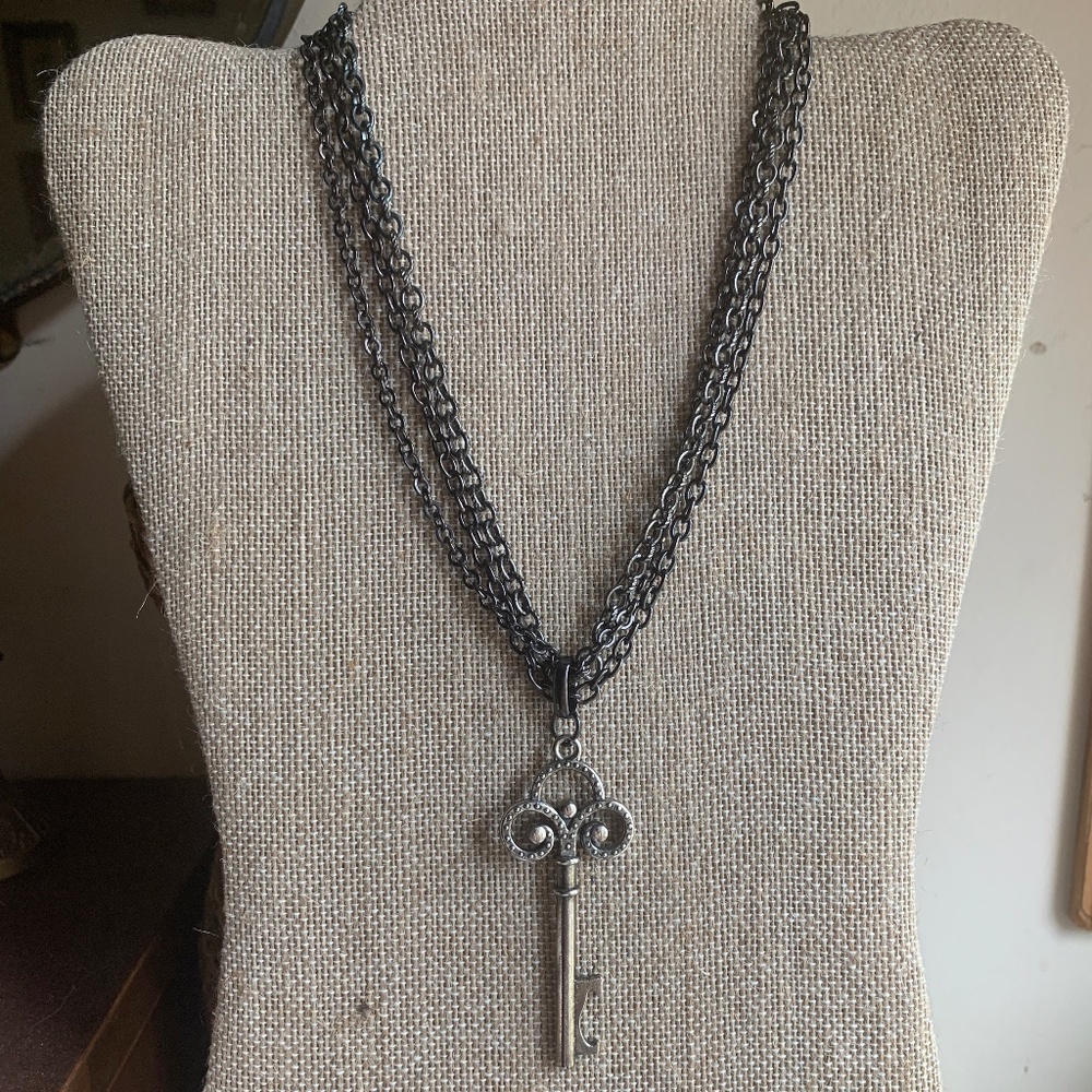 Vintage Silver Tone Key on Gunmetal Triple Chain - Handmade Key Necklace